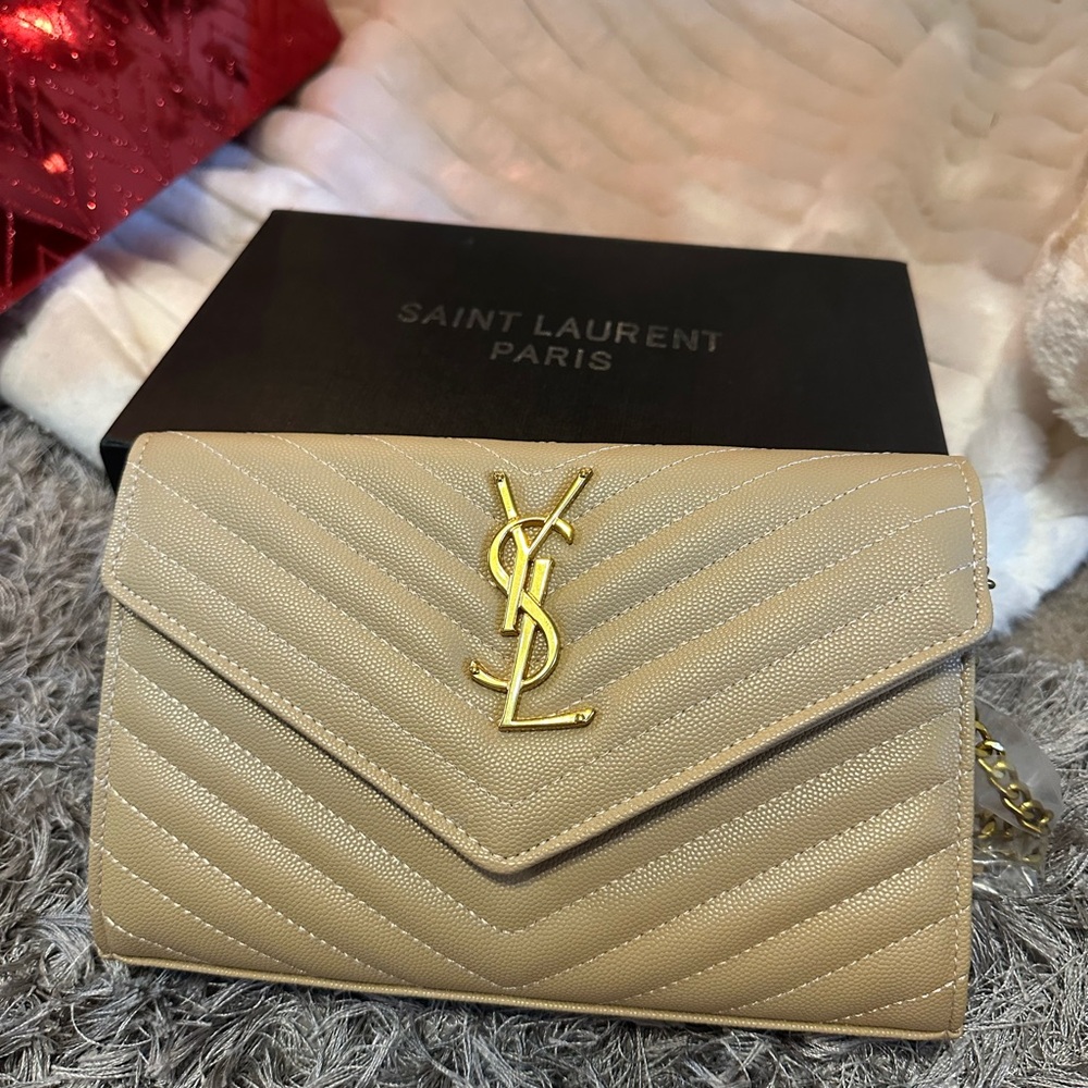 Saint Laurent Gold Logo Beige Quilted Clutch